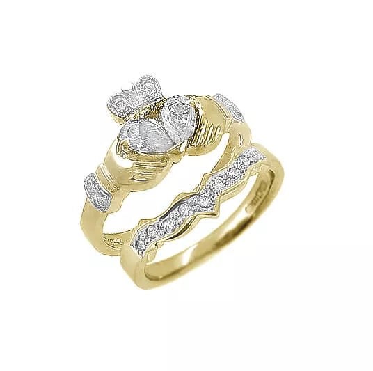 Claddagh Engagement & Wedding Ring Set Adorned With Precious Gemstones