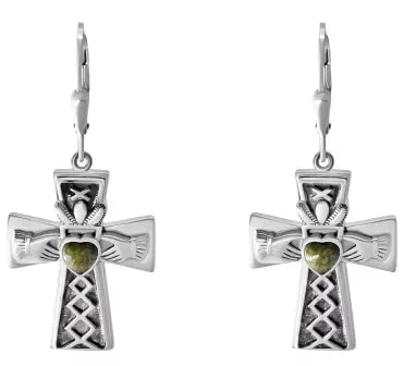 Connemara Marble Silver Claddagh Cross Earrings