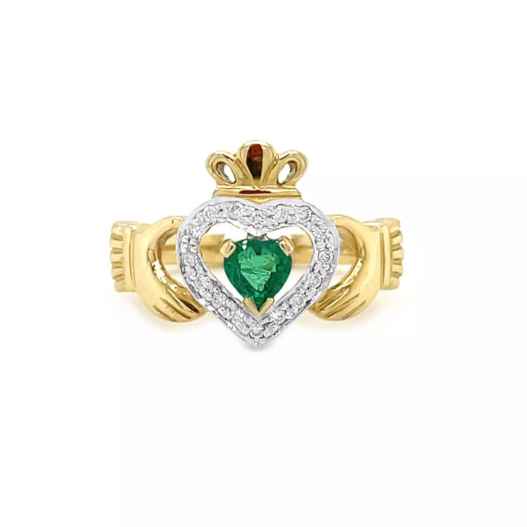 Heartshape Emerald and Diamond Irish Claddagh Ring – view 18