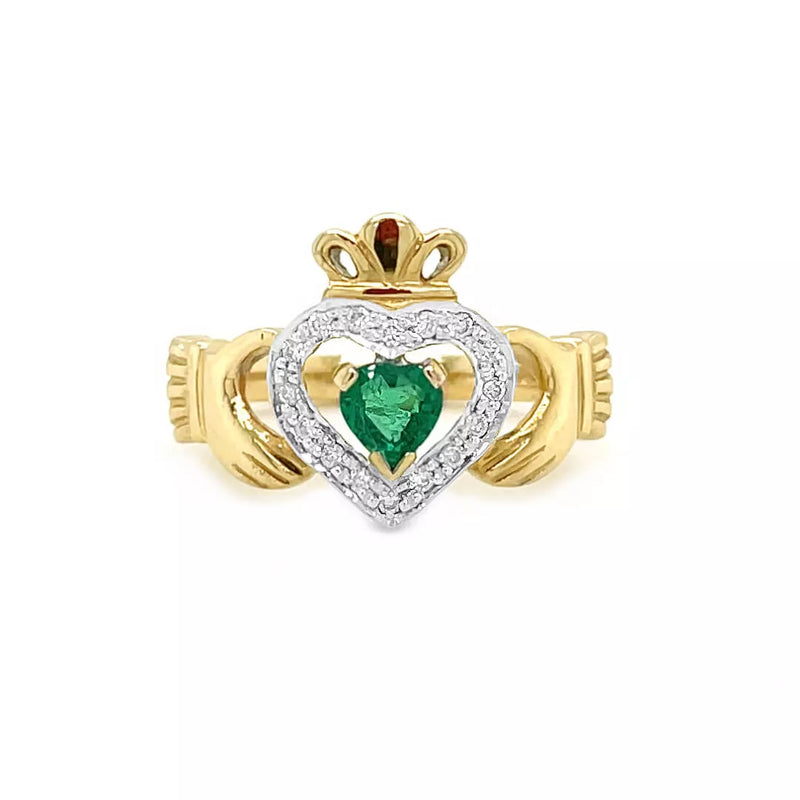 Heartshape Emerald and Diamond Irish Claddagh Ring