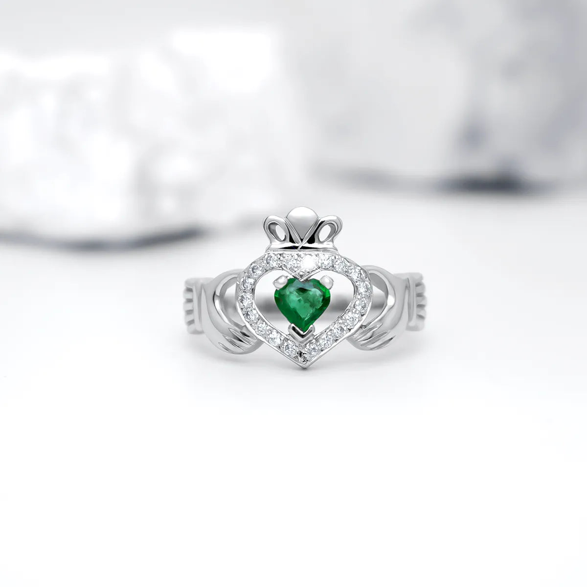 Heartshape Emerald and Diamond Irish Claddagh Ring – view 10
