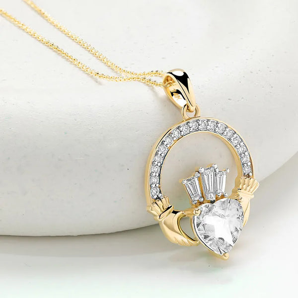 Gold Claddagh Necklace with Lab Emerald or Lab Diamond Heart