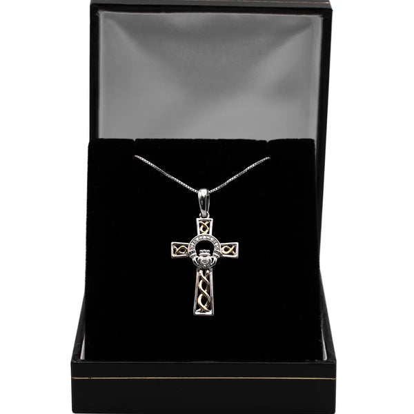 Gold & Silver Celtic Cross Claddagh Necklace With Diamond