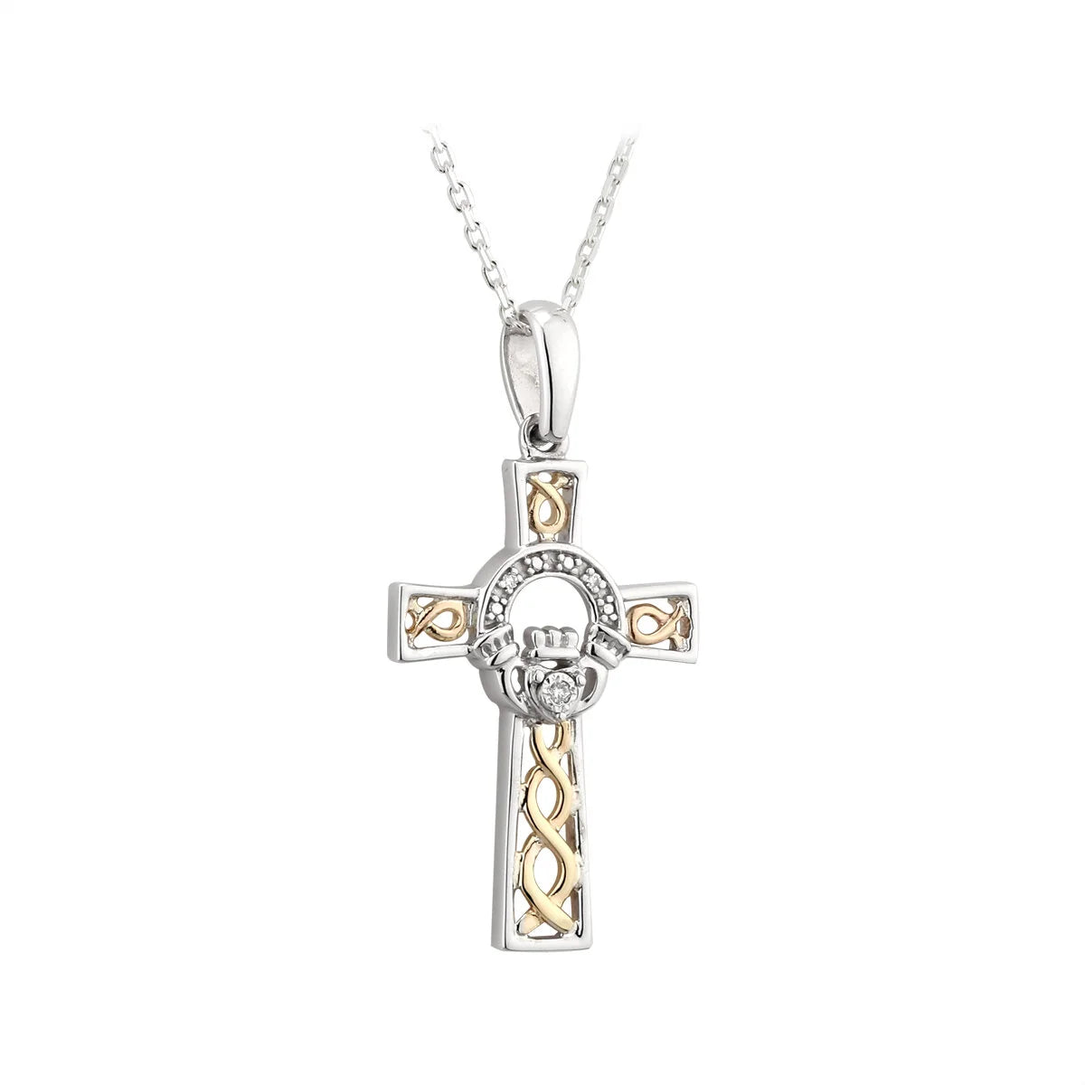 Gold & Silver Celtic Cross Claddagh Necklace With Diamond – view 2