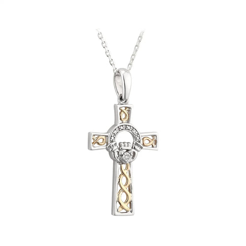 Gold & Silver Celtic Cross Claddagh Necklace With Diamond