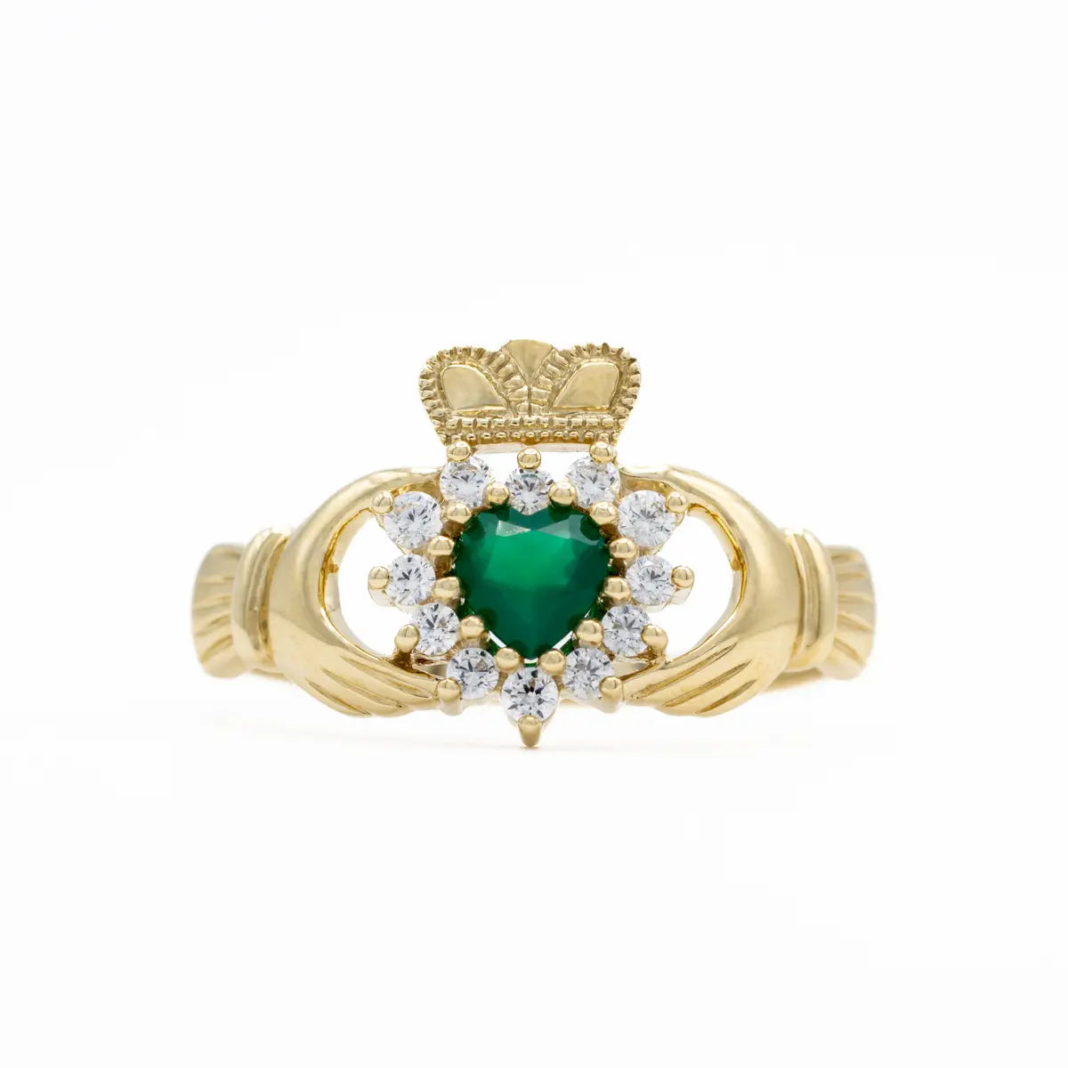 Gold Claddagh Ring With Green Agate Heart – view 2