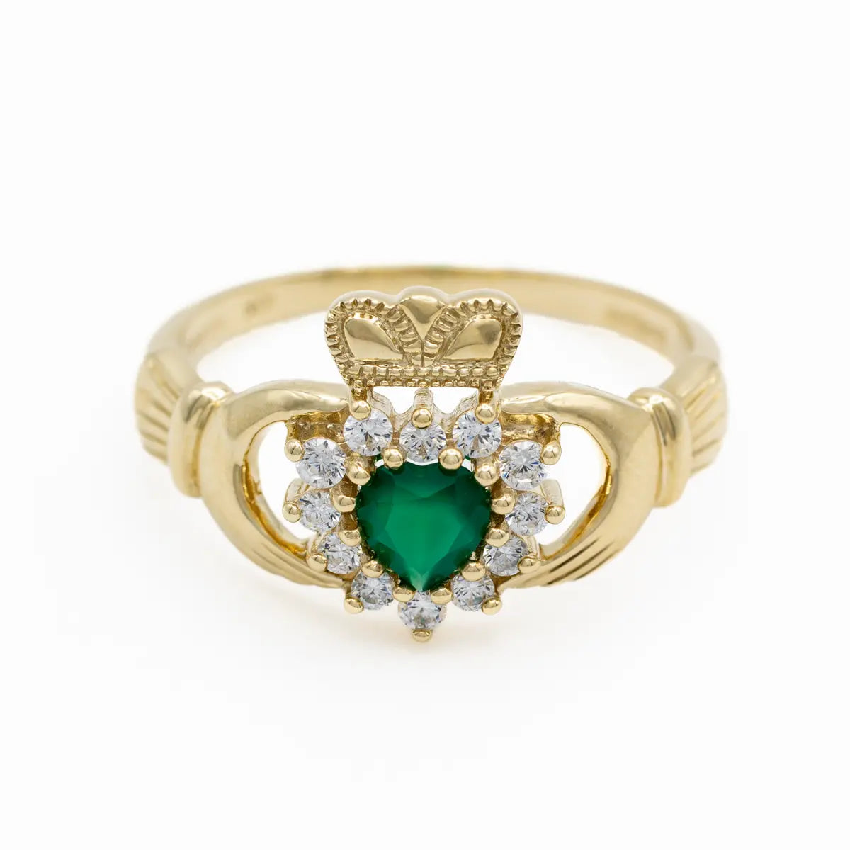 Gold Claddagh Ring With Green Agate Heart – view 4