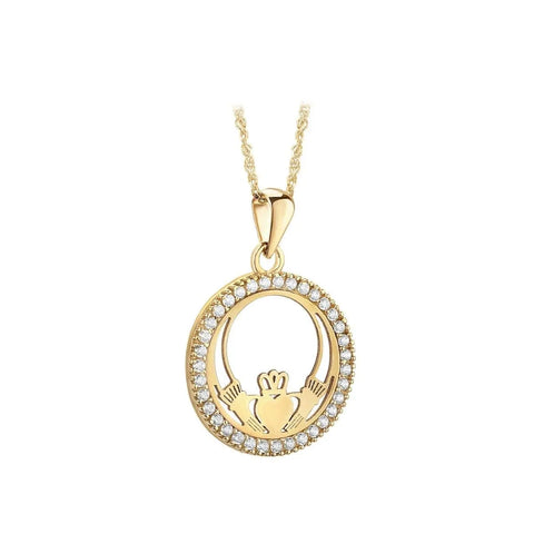 Gold Claddagh Necklace with Cubic Zirconia Crystals