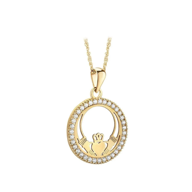 Gold Claddagh Necklace with Cubic Zirconia Crystals