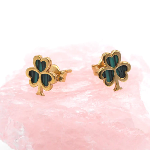 Gold Malachite Irish Shamrock Earrings