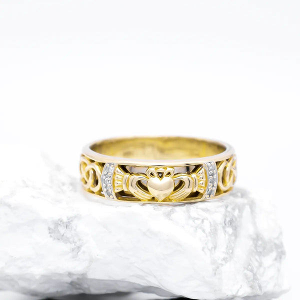 Gents Gold Claddagh Celtic Knot Wedding Band With Diamonds