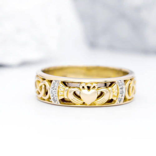 Gents Gold Claddagh Celtic Knot Wedding Band With Diamonds