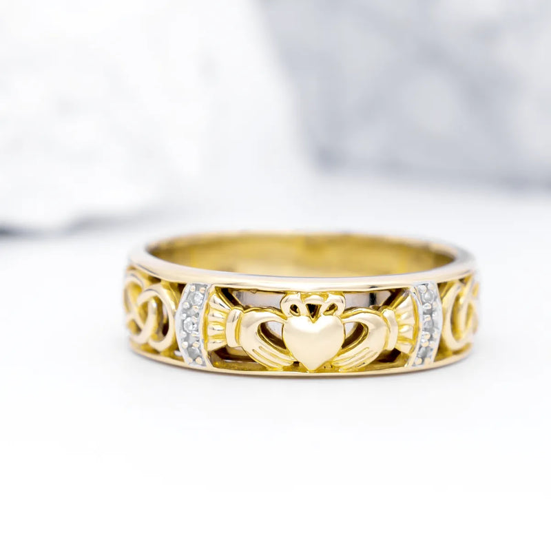 Gents Gold Claddagh Celtic Knot Wedding Band With Diamonds