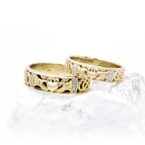 Gents Gold Claddagh Celtic Knot Wedding Band With Diamonds