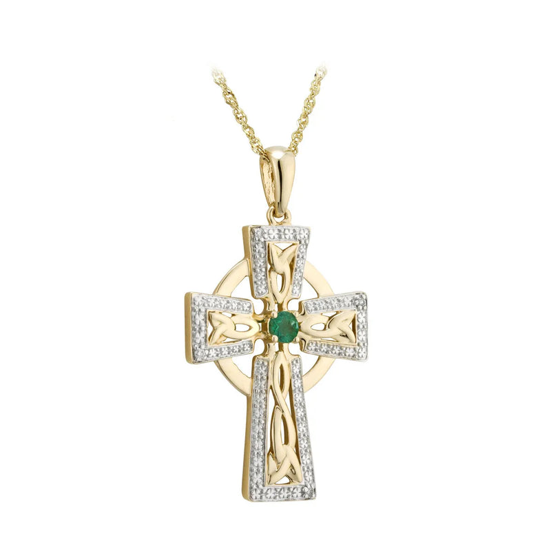 Gold Emerald and Diamond Celtic Cross Necklace