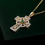 Gold Emerald and Diamond Celtic Cross Necklace