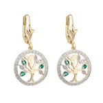 Diamond & Emerald Celtic Tree Of Life Gold Earrings
