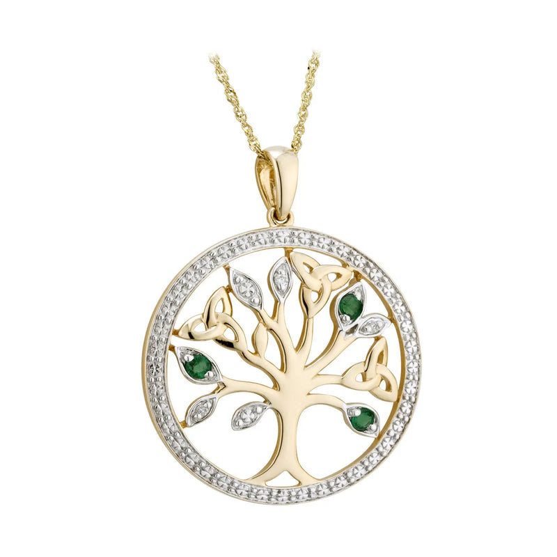 Diamond and Emerald Tree Of Life Pendant in 14K Gold
