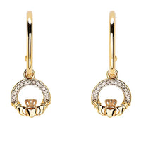 Gold Claddagh Drop Earrings with Lab Diamonds