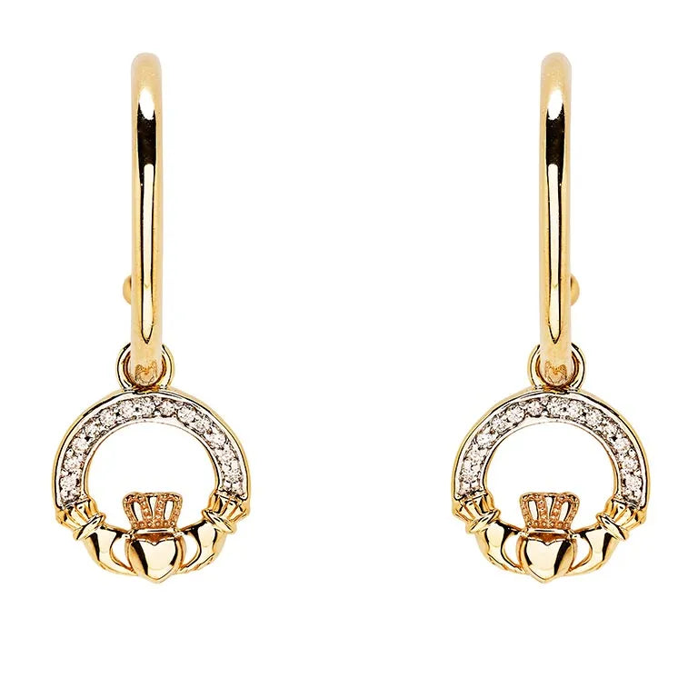 Gold Claddagh Drop Earrings with Lab Diamonds