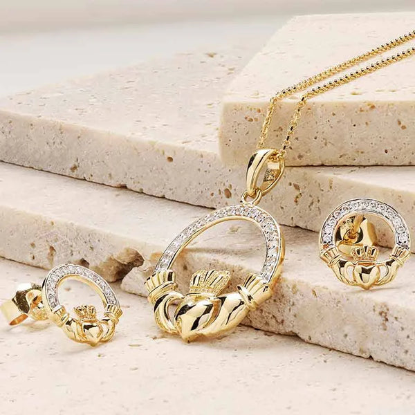 Gold Claddagh Necklace with Lab Diamonds