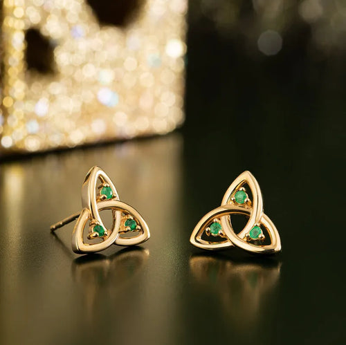 Gold Trinity Knot Stud Earrings with Emeralds