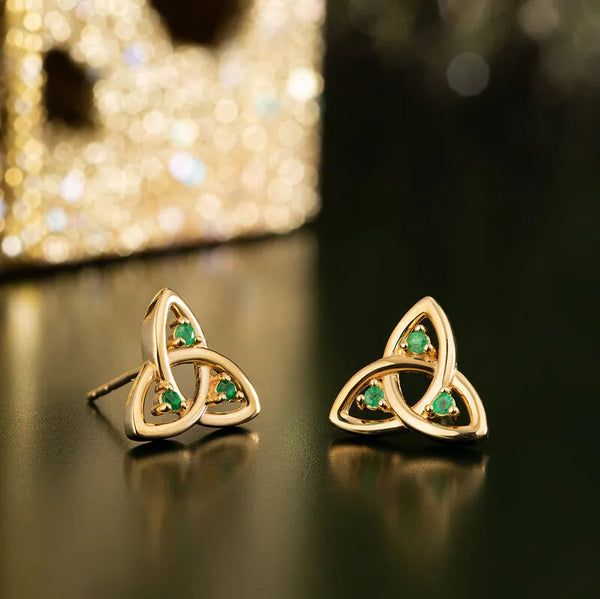 Gold Trinity Knot Stud Earrings with Emeralds