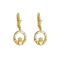 Gold Claddagh Drop Earrings With Flush-Set Diamonds