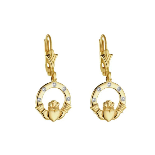 Gold Claddagh Drop Earrings With Flush-Set Diamonds