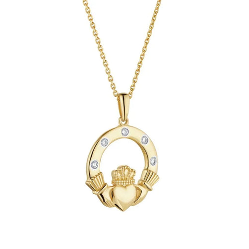 Gold Claddagh Necklace With Flush Set Diamonds