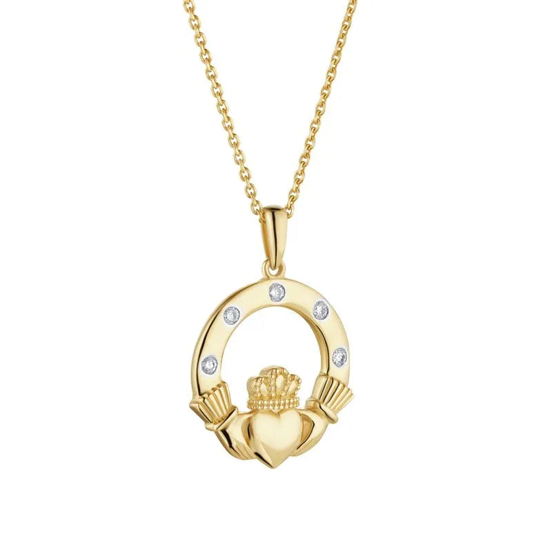 Gold Claddagh Necklace With Flush Set Diamonds