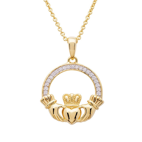 Gold Vermeil Claddagh Necklace with Cubic Zirconia