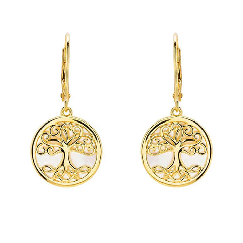 14K Gold Vermeil Tree of Life Earrings set with Mother of Pearl