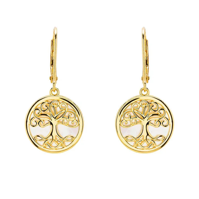 14K Gold Vermeil Tree of Life Earrings set with Mother of Pearl