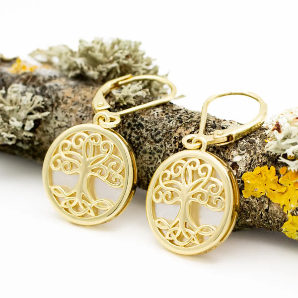 14K Gold Vermeil Tree of Life Earrings set with Mother of Pearl