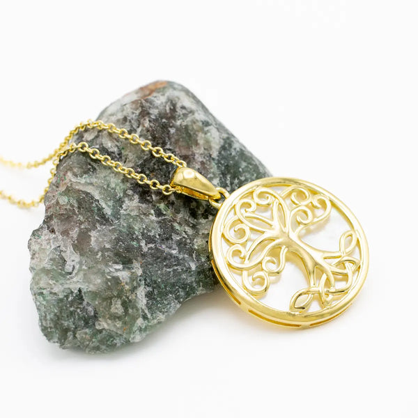 14K Gold Vermeil Tree of Life Necklace set with Mother of Pearl