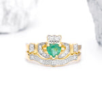 Gold Emerald and Diamond Irish Claddagh Engagement Ring Set