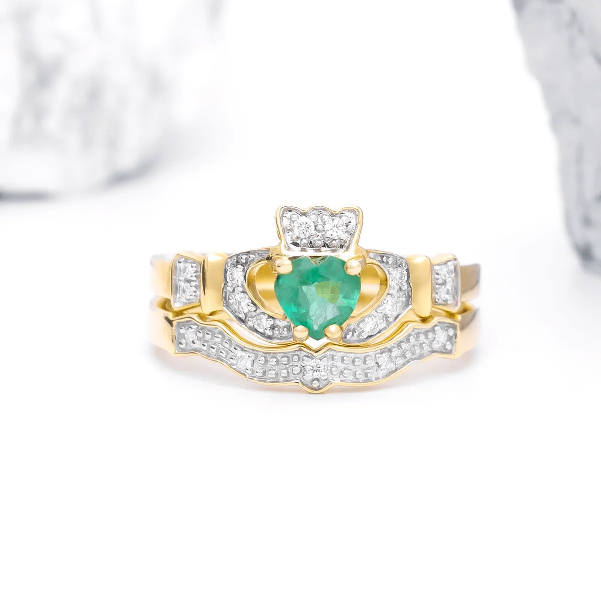 Gold Emerald and Diamond Irish Claddagh Engagement Ring Set