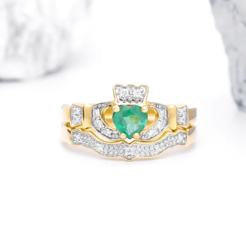 Gold Emerald and Diamond Irish Claddagh Engagement Ring Set