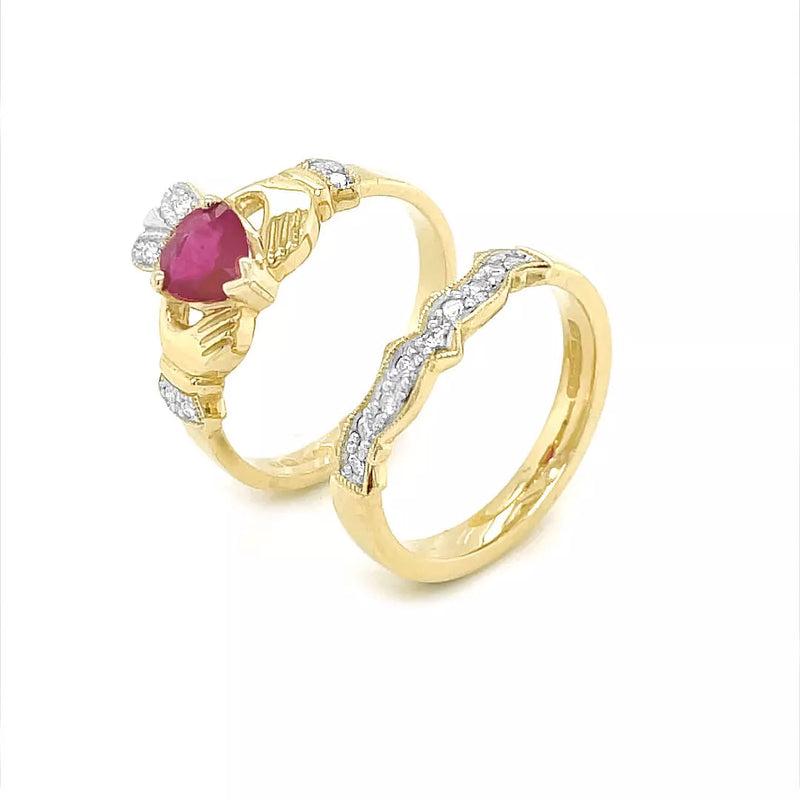 Claddagh Wedding Ring Set Adorned With Heartshaped Gemstone And Diamonds
