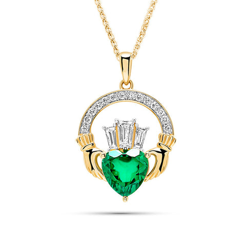 Gold Claddagh Necklace with Lab Emerald or Lab Diamond Heart