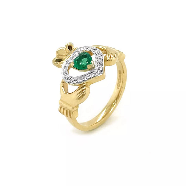 Heartshape Emerald and Diamond Irish Claddagh Ring
