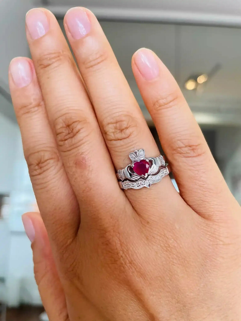 Claddagh Wedding Ring Set Adorned With Heartshaped Gemstone And Diamonds