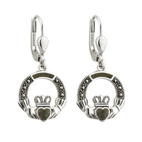 Connemara Marble & Marcasite Claddagh Earrings in Sterling Silver