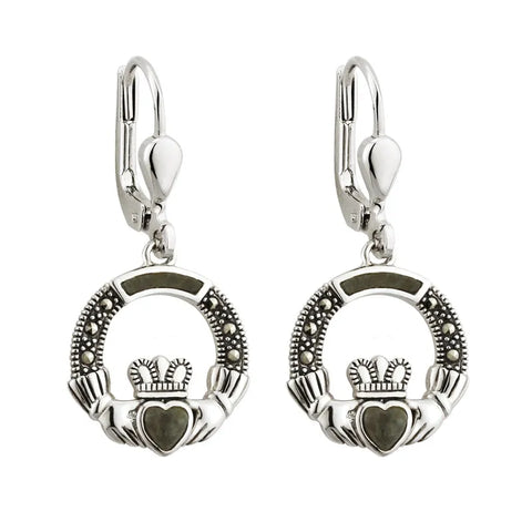 Connemara Marble & Marcasite Claddagh Earrings in Sterling Silver