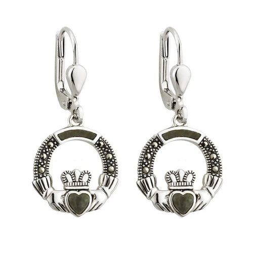 Connemara Marble & Marcasite Claddagh Earrings in Sterling Silver