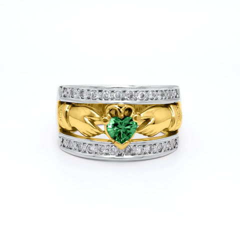 Ladies Wide-Band Claddagh Ring With Precious Gemstones