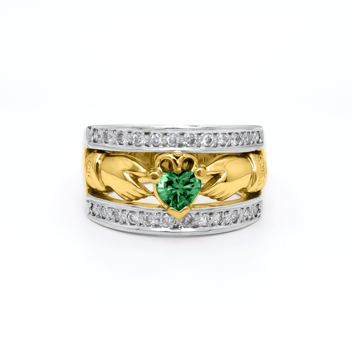 Ladies Wide-Band Claddagh Ring With Precious Gemstones