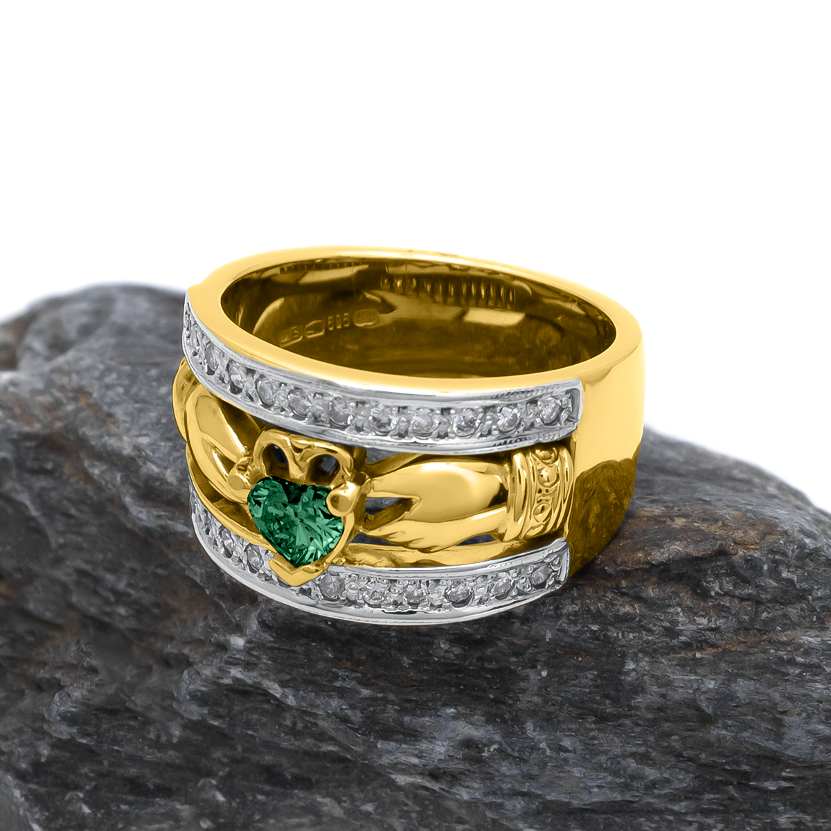 Ladies Wide-Band Claddagh Ring With Precious Gemstones – view 7