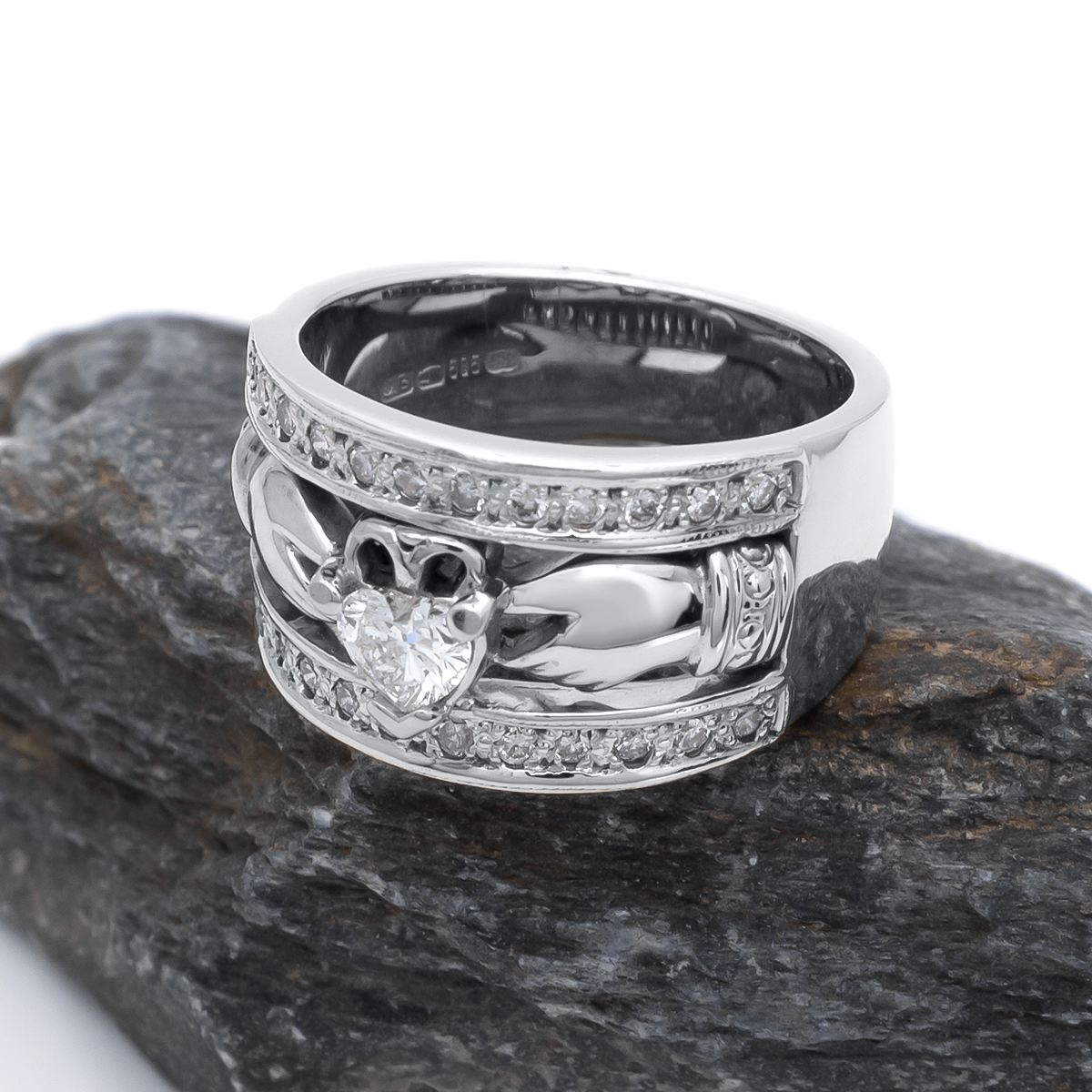 Ladies Wide-Band Claddagh Ring With Precious Gemstones – view 6